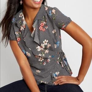 Sugar High Gingham Floral Ruffled Wrap Blouse Womens L Romantic Flutter Sleeve
